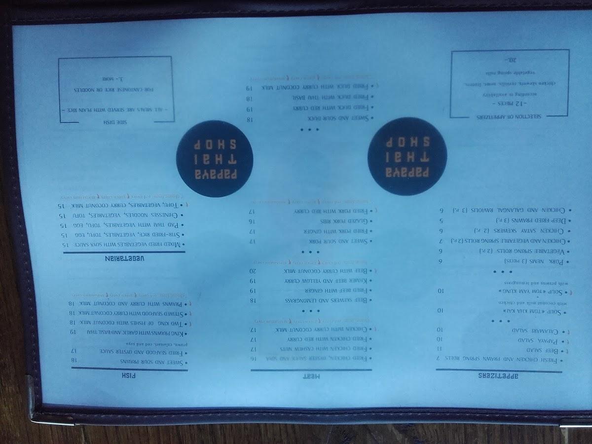 Menu at Papaya Thaï Shop, Ollon