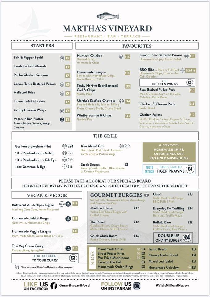 Menu at Martha’s Vineyard restaurant, Milford Haven