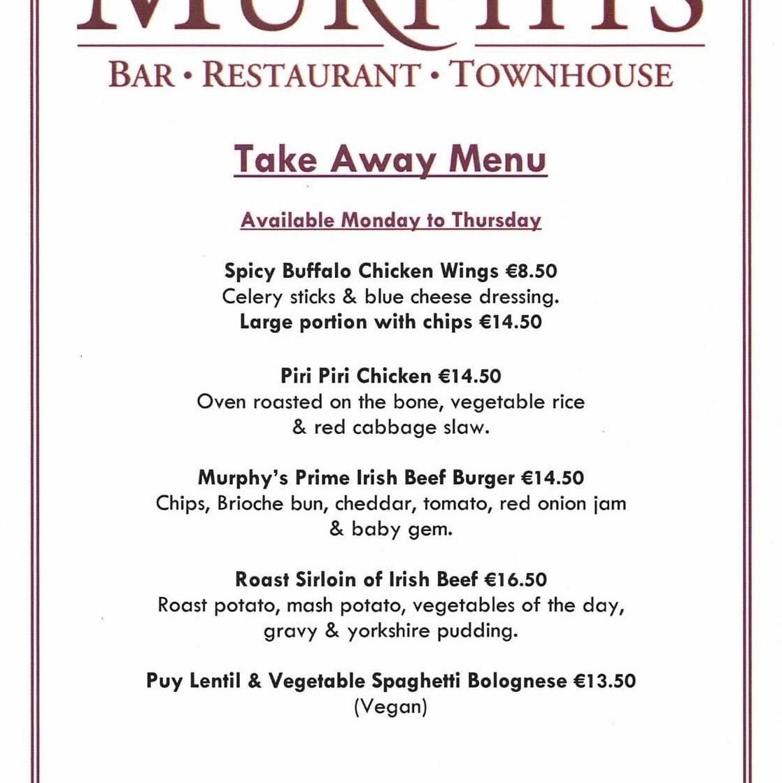 Menu at Murphys Bar, Restaurant & Townhouse Killarney, Killarney, 18