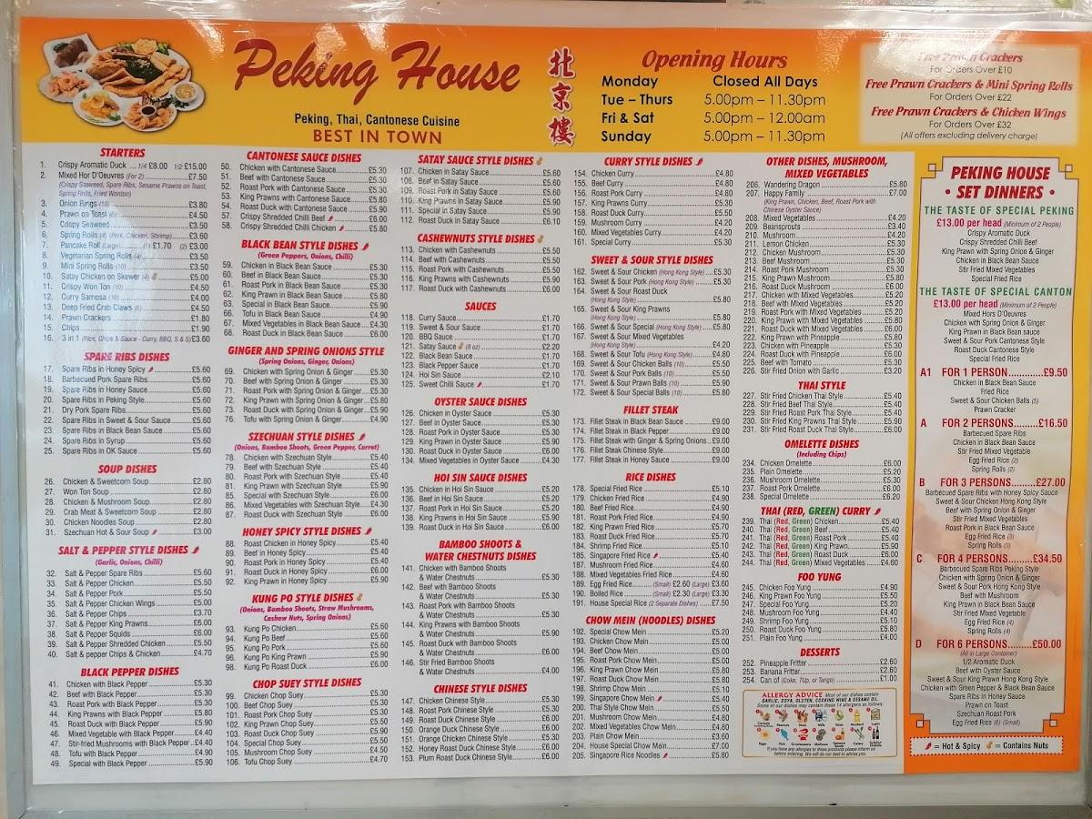 Menu at Peking House fast food, Derby
