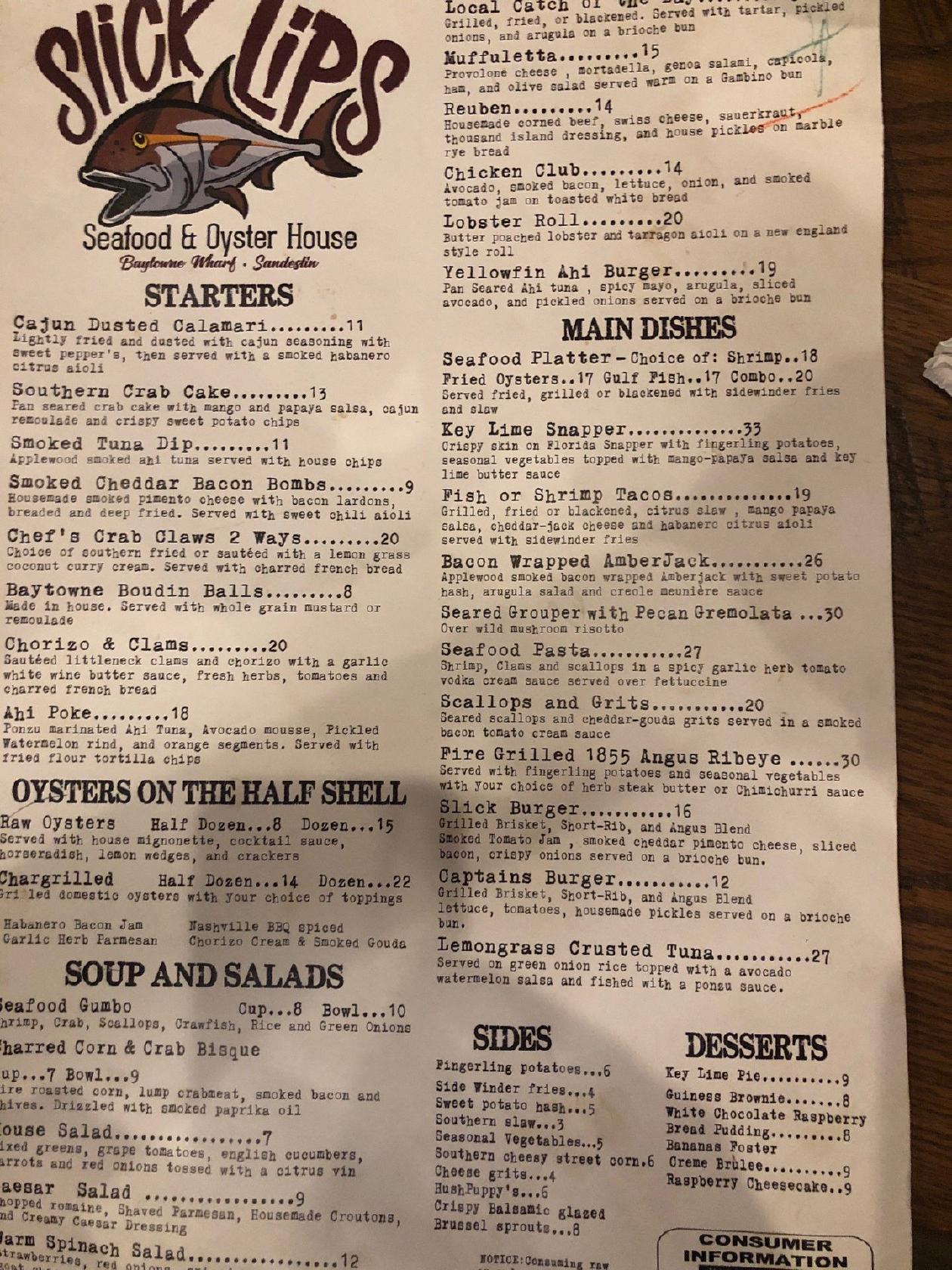 Menu at Slick Lips Seafood & Oyster House restaurant, Miramar Beach