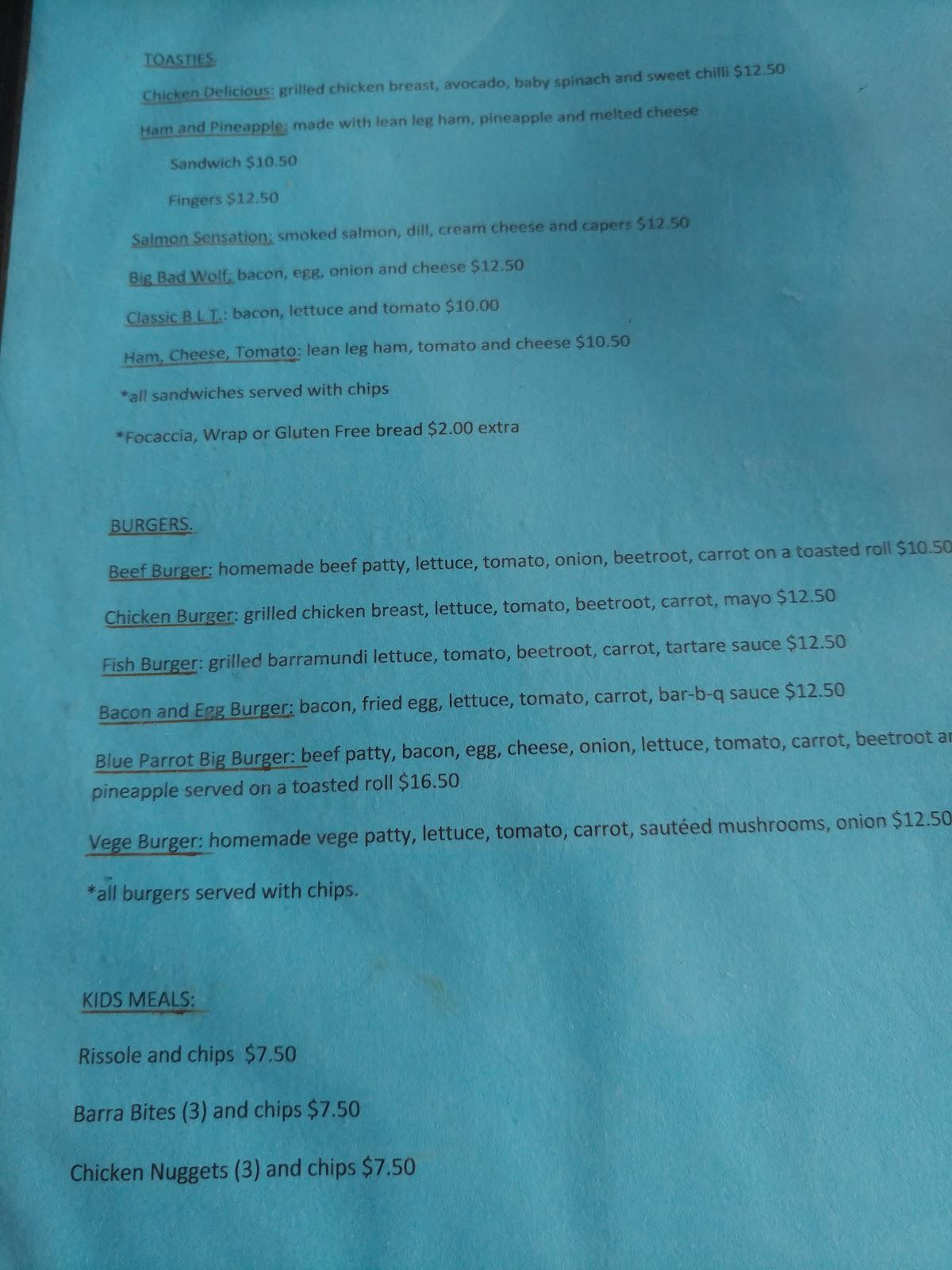 Menu at The Blue Parrot Café restaurant, Macleay Island