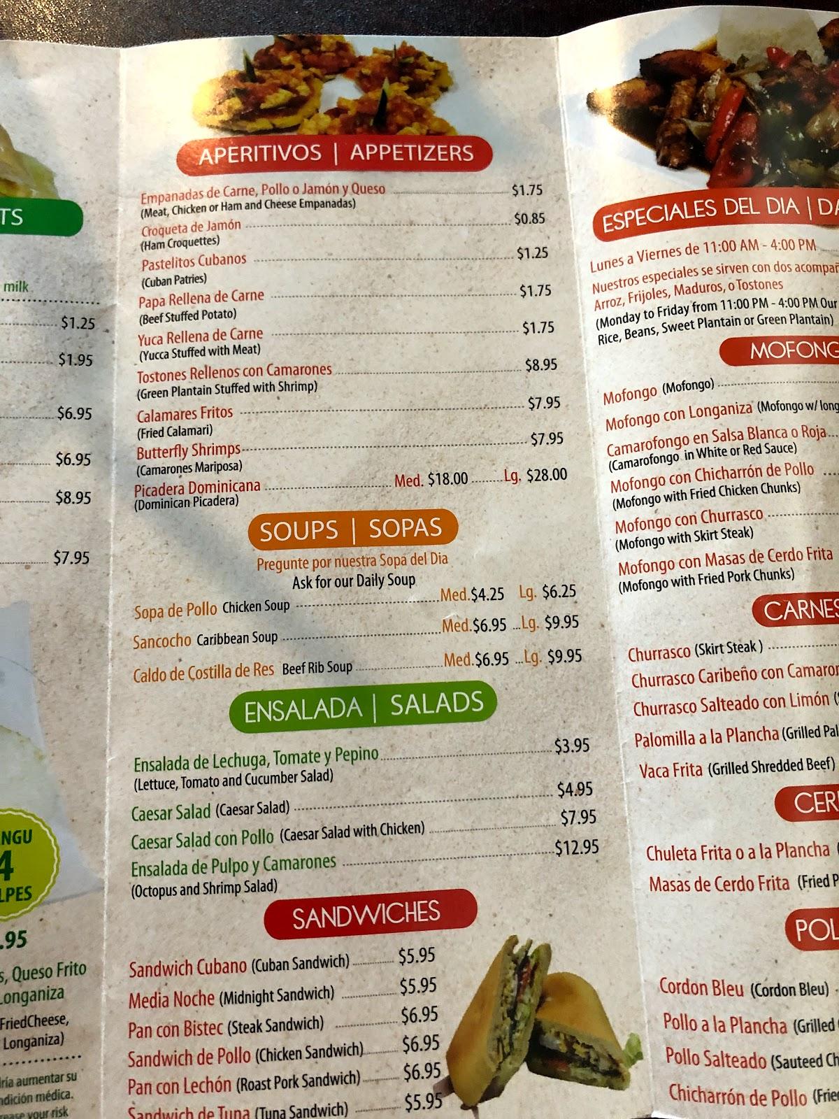 Menu at Delicias Caribeñas Restaurant Hollywood