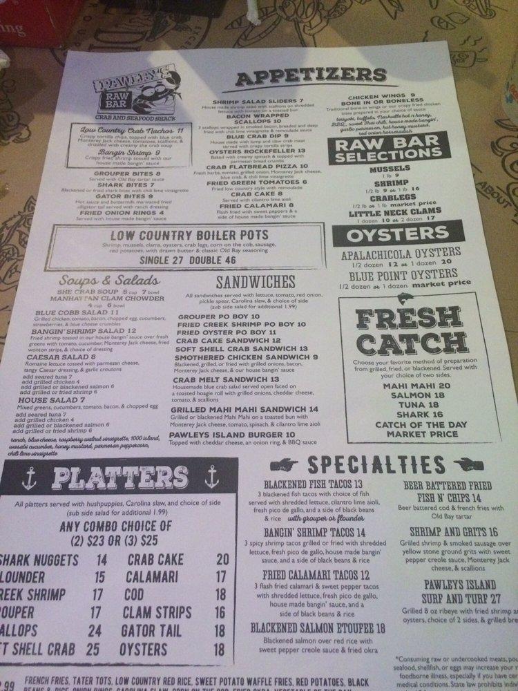 Menu at Pawley's Raw Bar, Pawleys Island