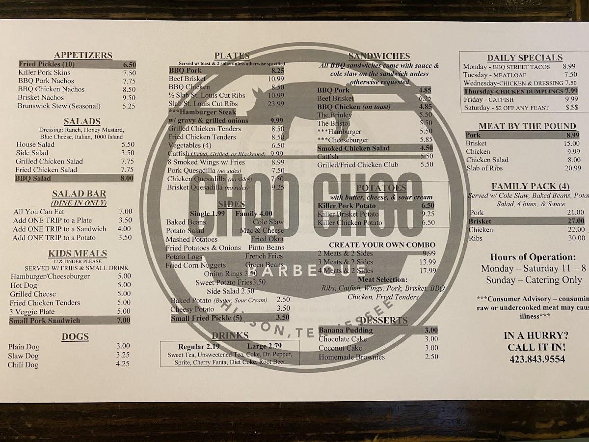 Menu at Choo Choo BBQ of Hixson, Chattanooga, Hixson Pike