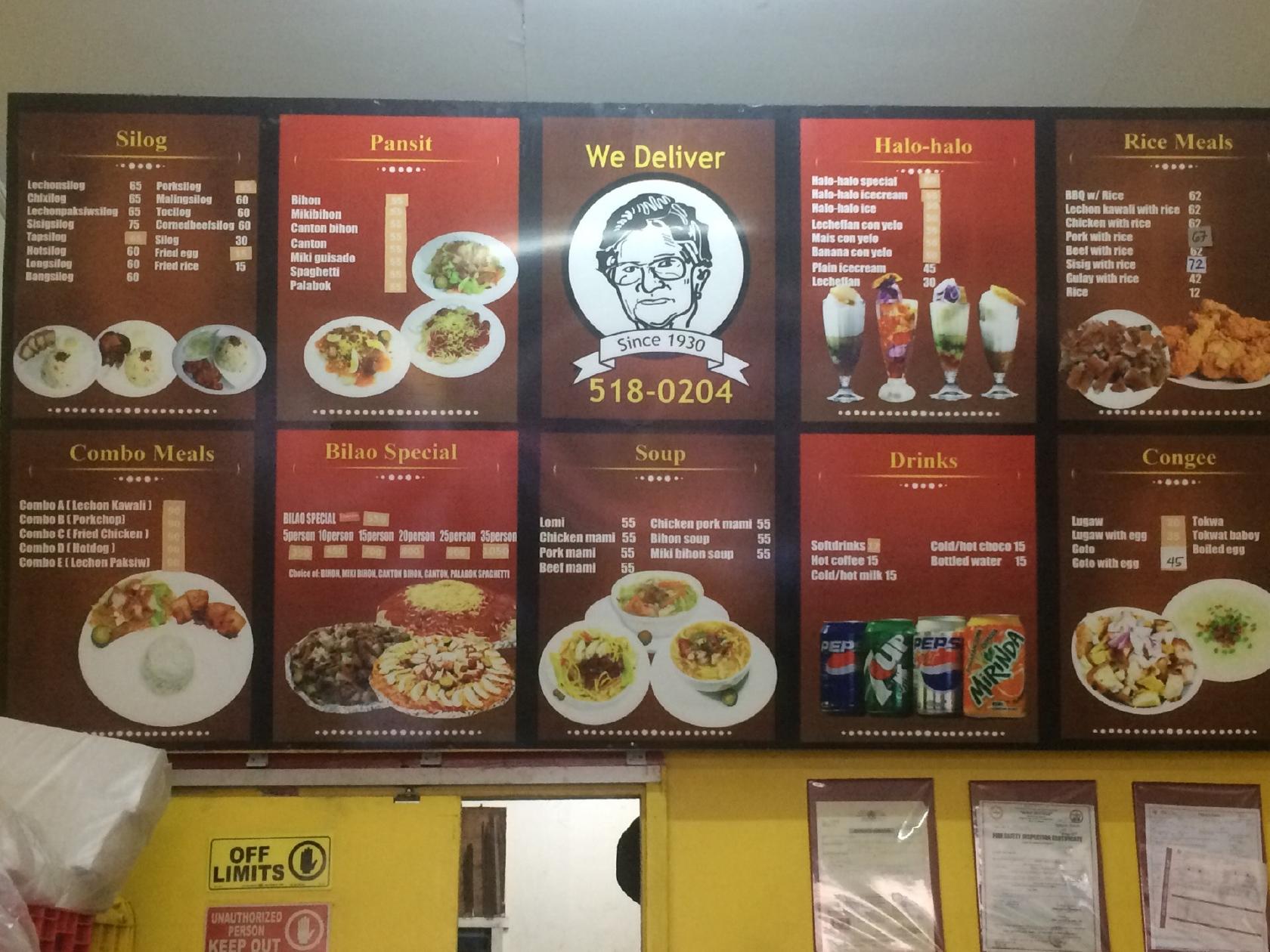 Menu at Aling Banang restaurant, Manila