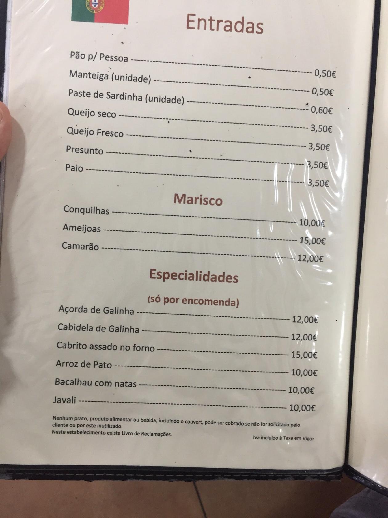 Carta Del Restaurante Casa Fernanda Portugal