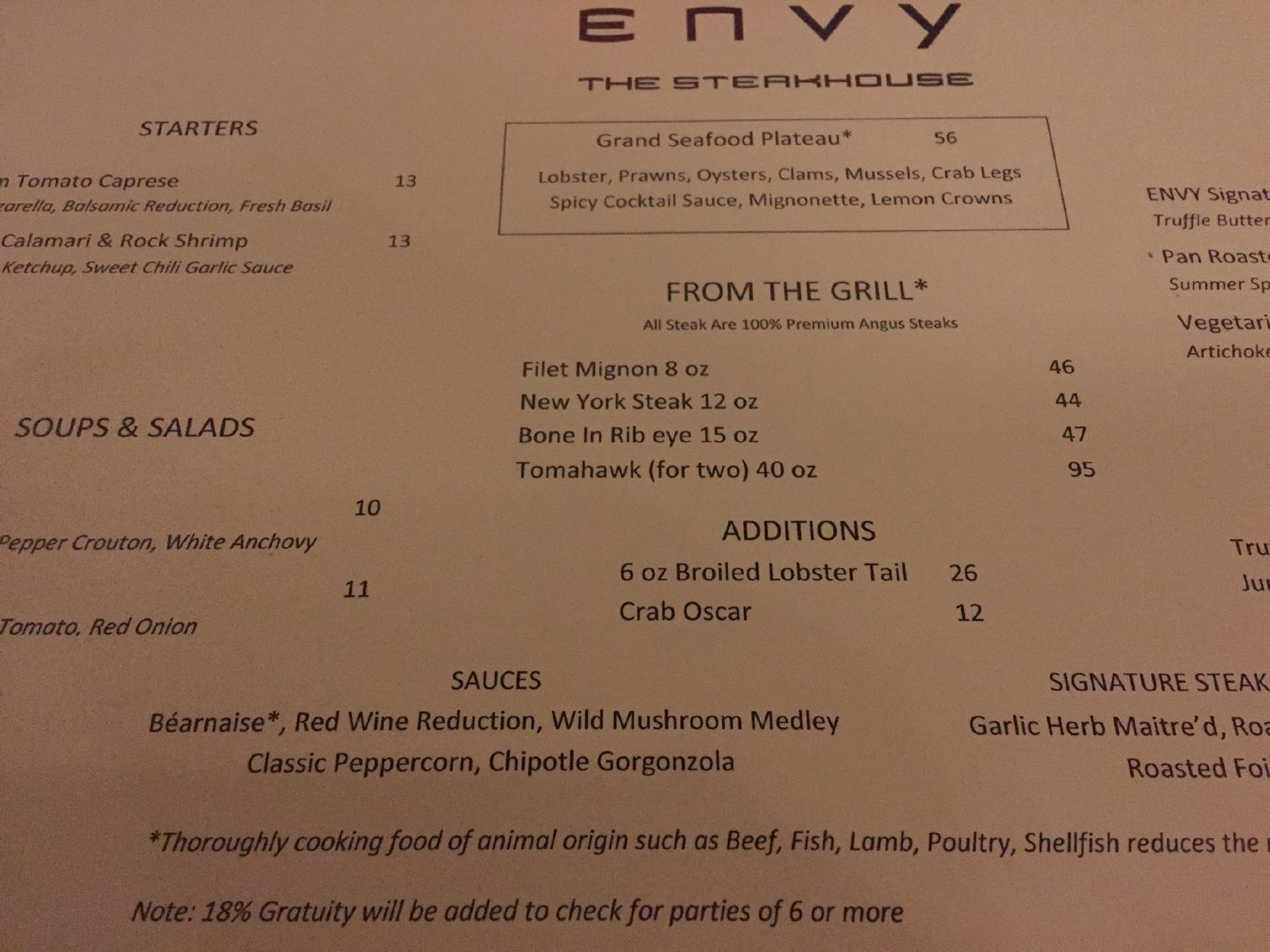 Menu at ENVY The Steakhouse, Las Vegas, Paradise Rd