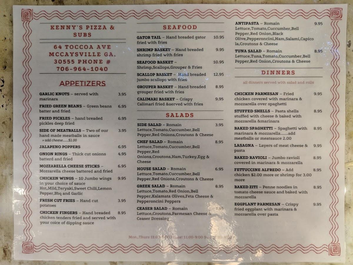 Menu at Kenny's Pizza & Subs pizzeria, McCaysville