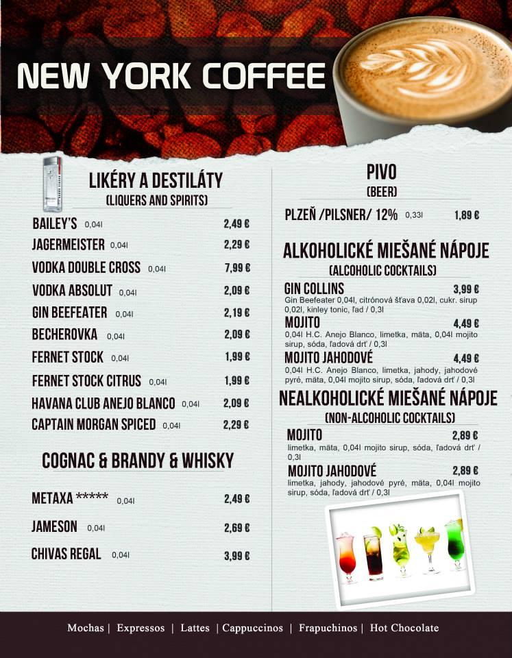 Menu at New York coffee cafe, Košice