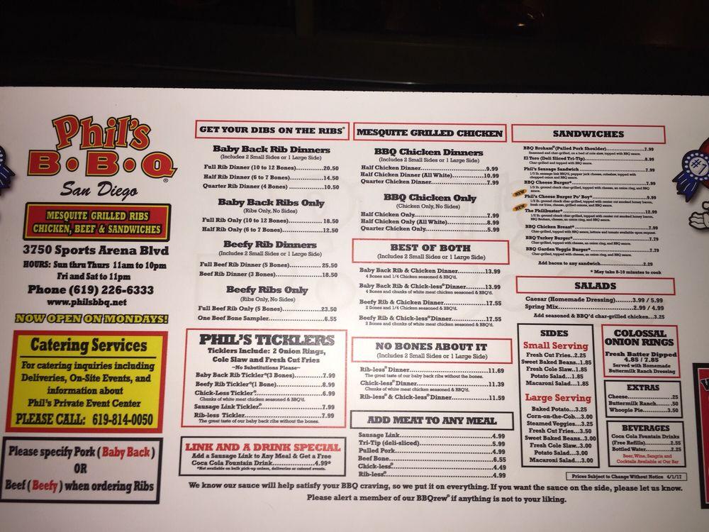 Menu at Phil's BBQ, San Diego, Sports Arena Blvd