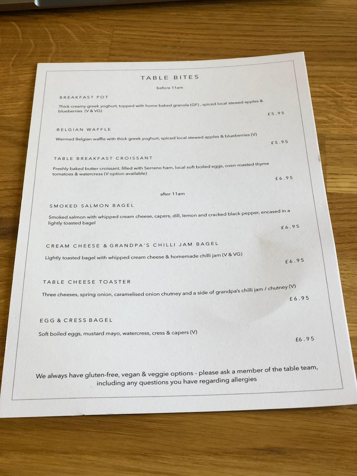 Menu at table coffee shop, Earls Colne