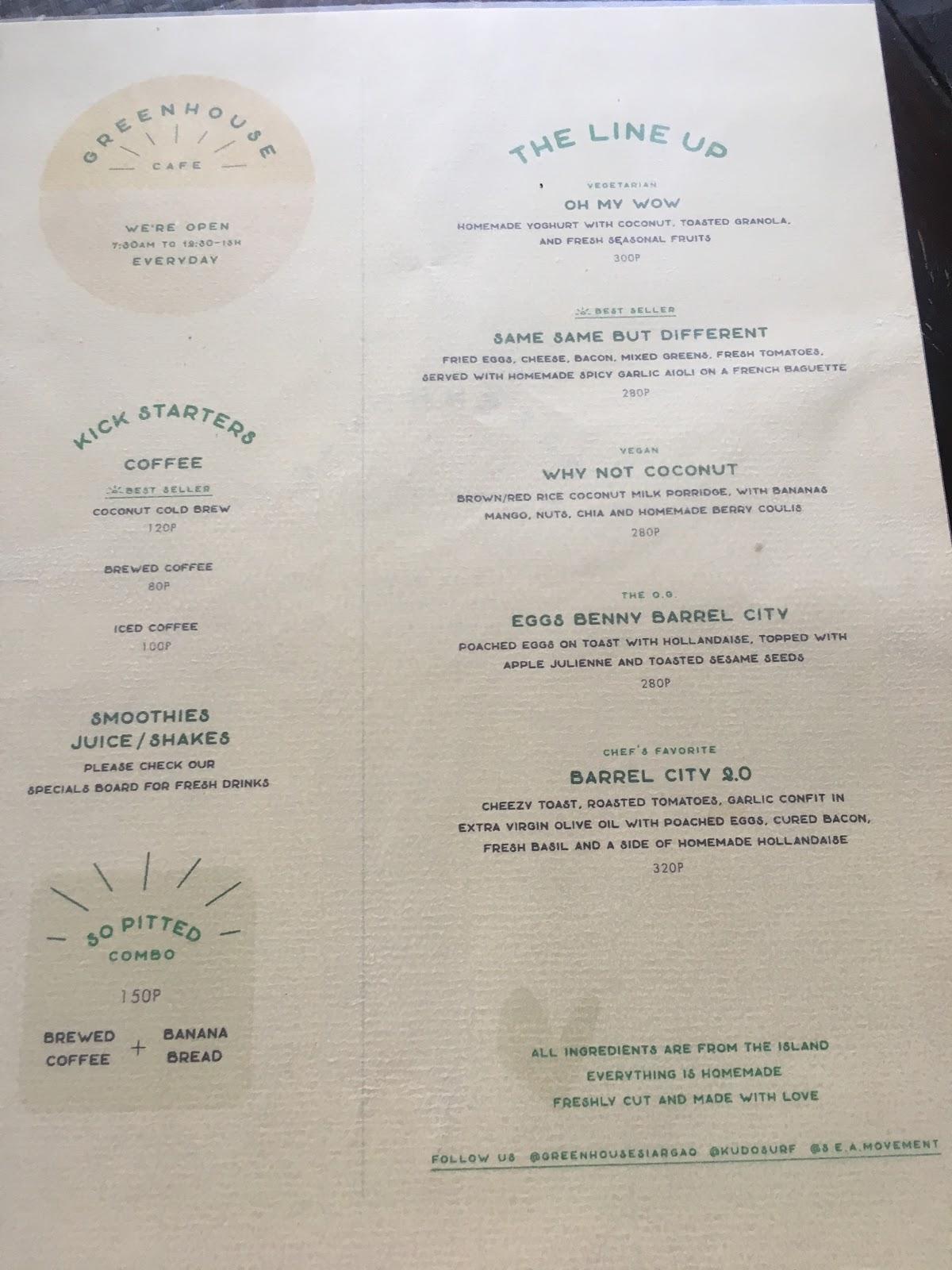 Menu at Greenhouse Cafe and Restaurant, General Luna