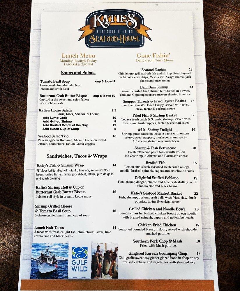 Menu at Katie's Seafood House restaurant, Galveston
