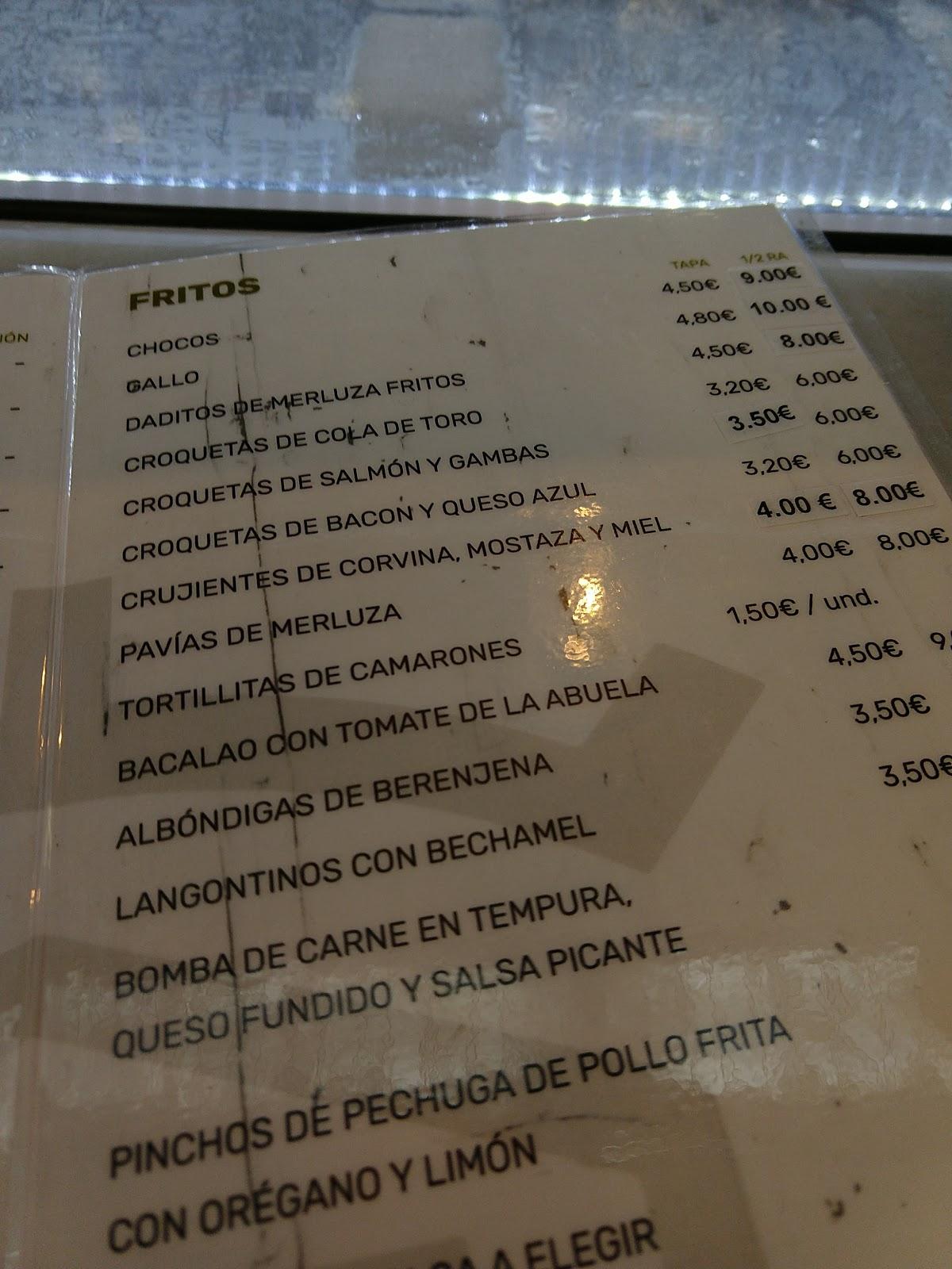 Menu at Taberna Jerez restaurant, Jerez de la Frontera