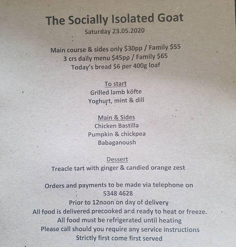 Menu at The Surly Goat restaurant, Hepburn Springs
