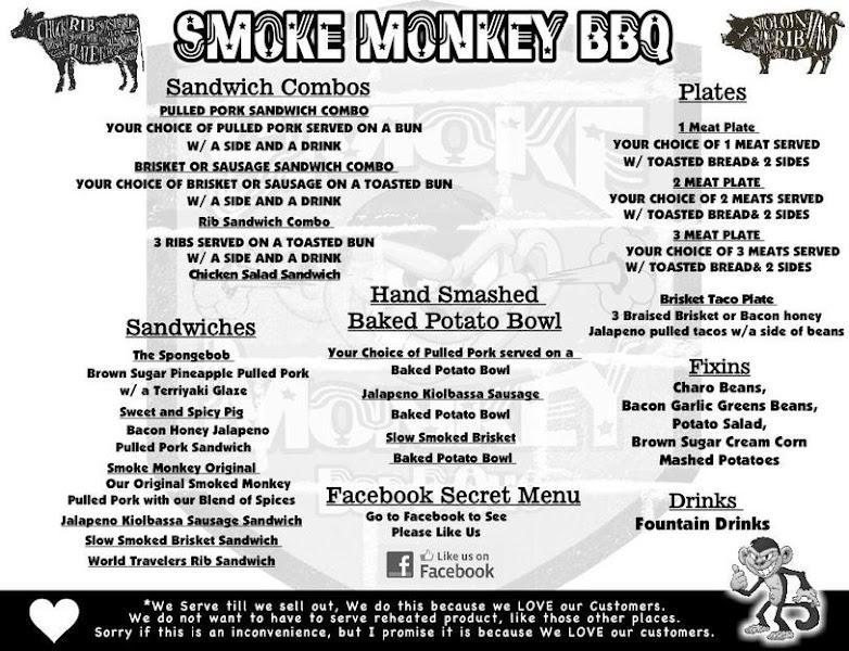 Menu at Smoke Monkey BBQ, Rockwall, State Hwy 205