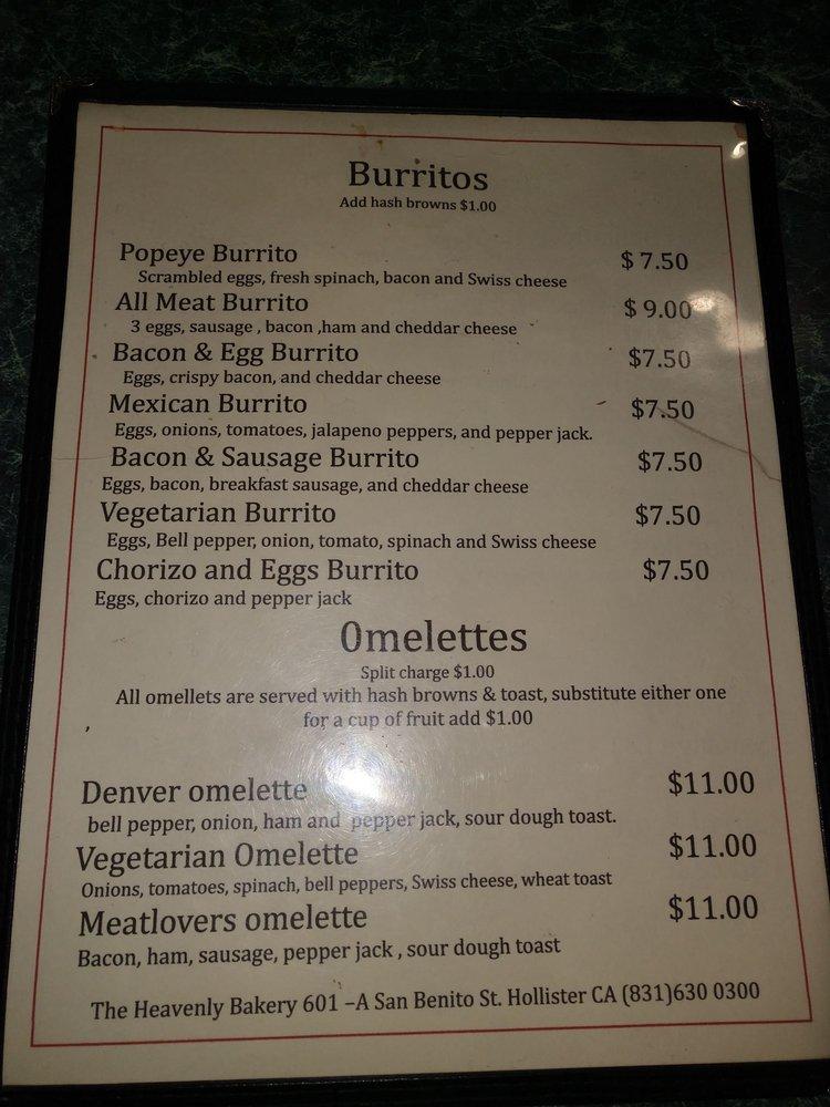 Menu at Heavenly Bakery, Hollister