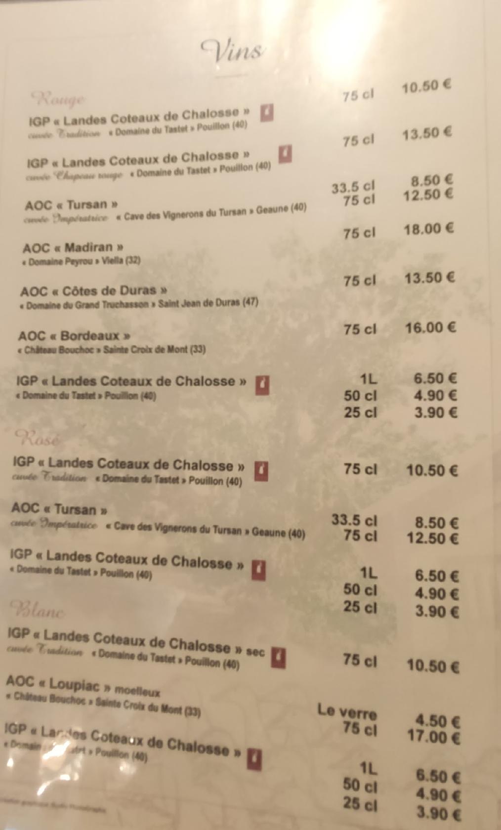 Menu au Ferme Auberge le Vieux Chêne Castelnau Chalosse restaurant