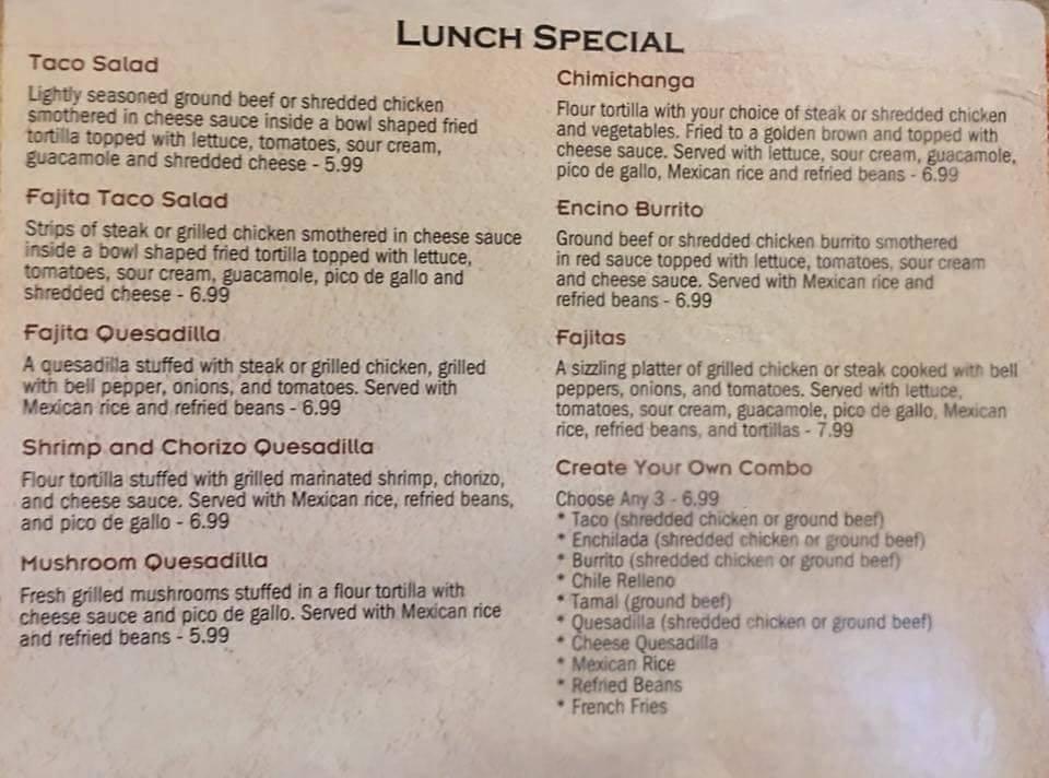 Menu at Los Encinos Bruce restaurant, Bruce