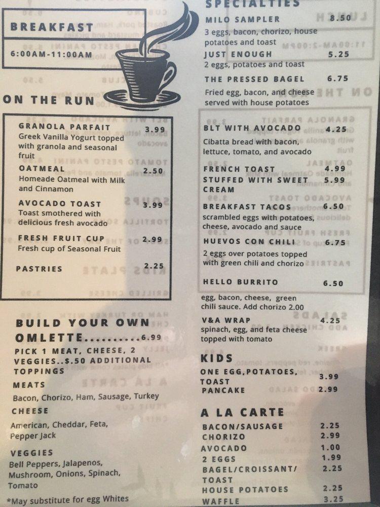 Menu at Milo Coffee House, Portland