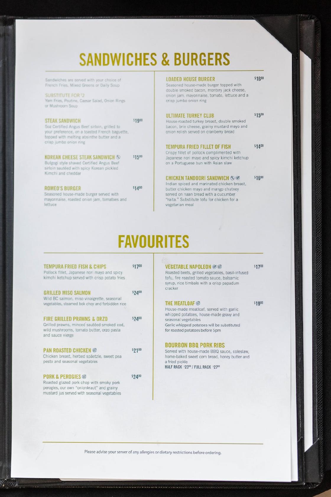 Menu at ROMEOs Kitchen + Spirits restaurant, Kamloops
