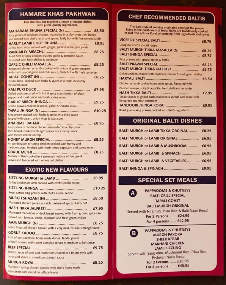 Menu at New Viceroy restaurant, Ystrad Mynach