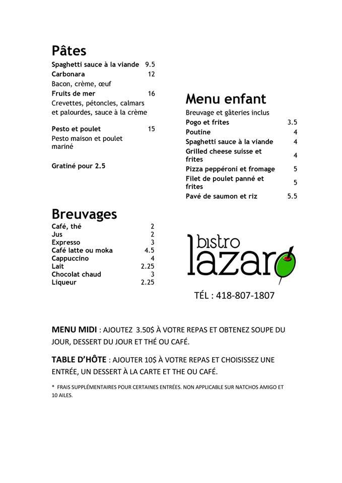 Menu au Motel Lazaro SaintLazaredeBellechasse restaurant, Saint