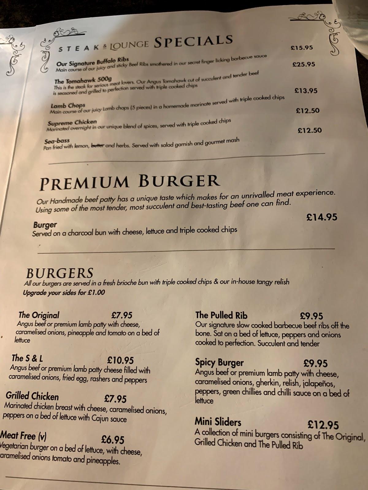 Menu at Steak and Lounge Restaurant, Leicester