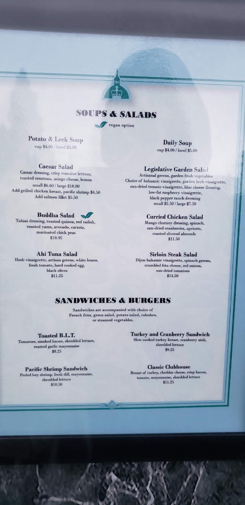 Menu at BC Legislative Dining Room restaurant, Victoria