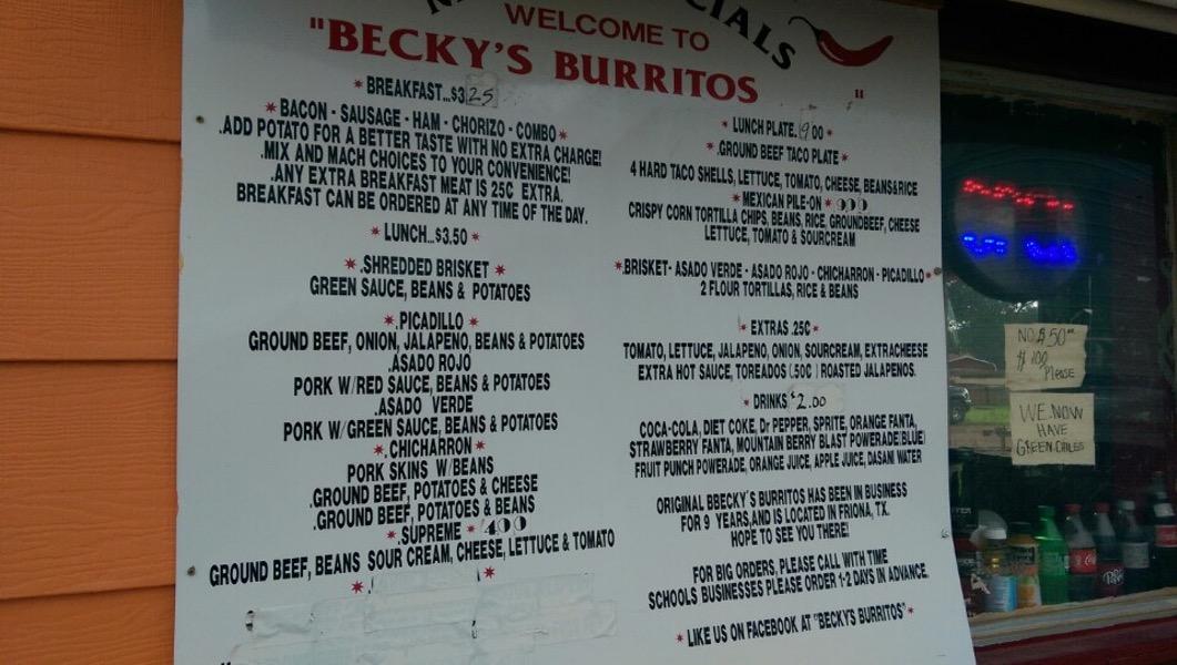 Menu at Becky's Burritos restaurant, Friona