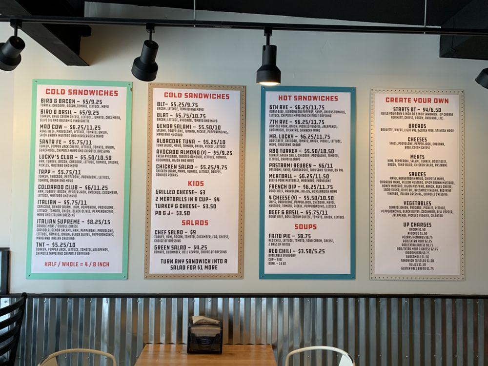 Menu at Mr. Lucky's Sandwiches restaurant, Denver, Tejon St