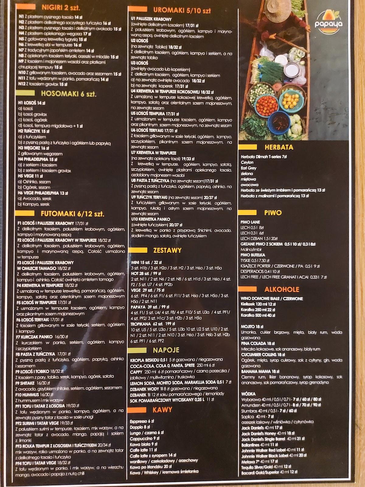 Menu at Papaya restaurant, Andrespol