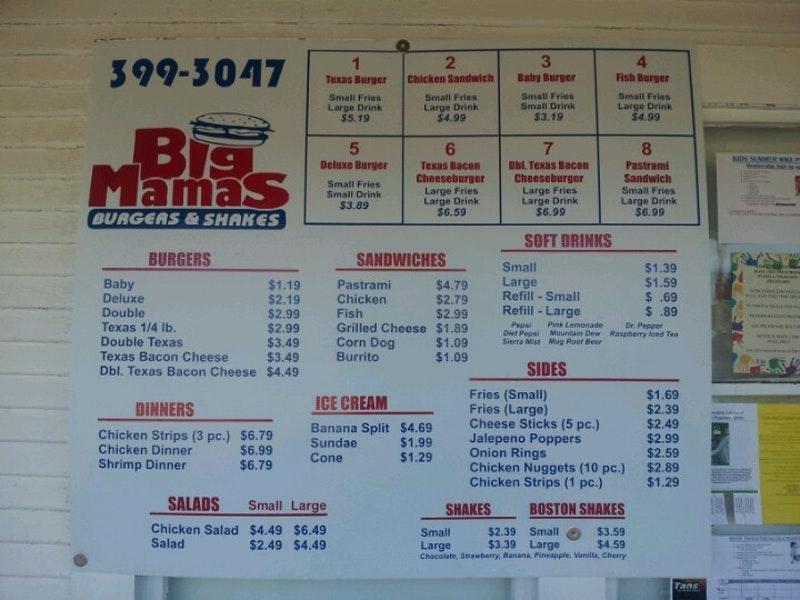 Menu at Big Mamas restaurant, Sanger, Jensen Ave