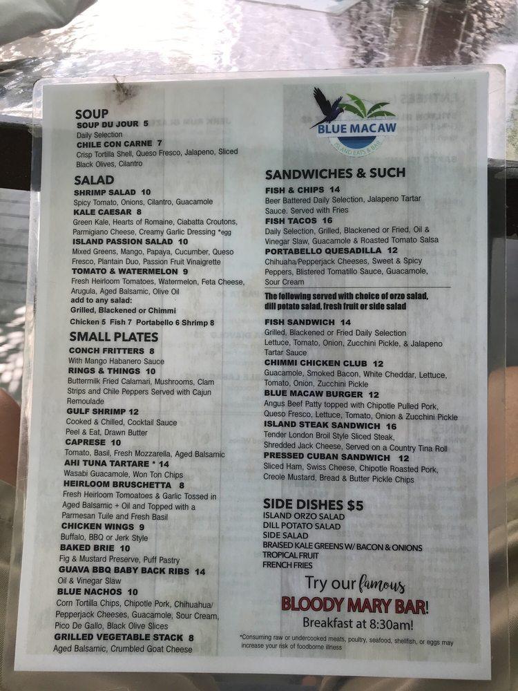 Menu at Blue Macaw restaurant, Key West