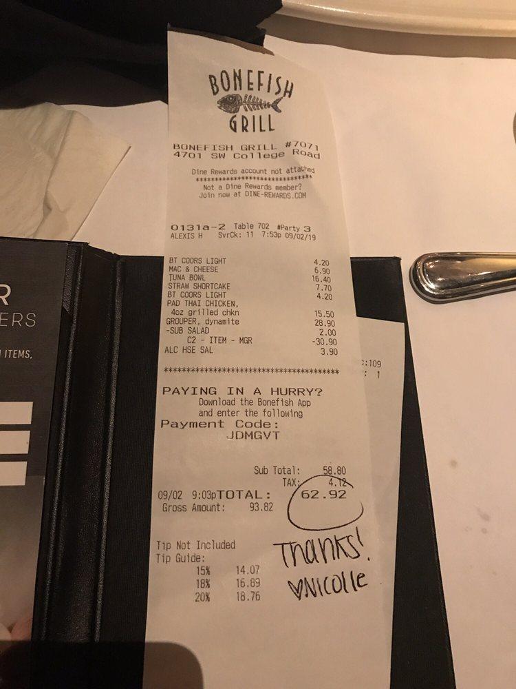 Menu at Bonefish Grill restaurant, Ocala