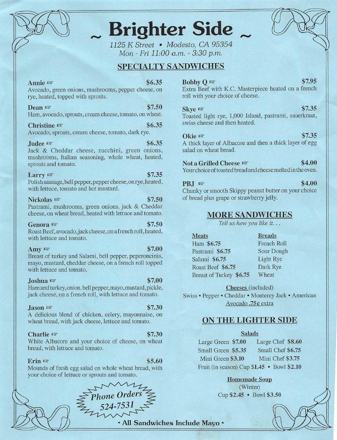 Menu at Brighter Side restaurant, Modesto