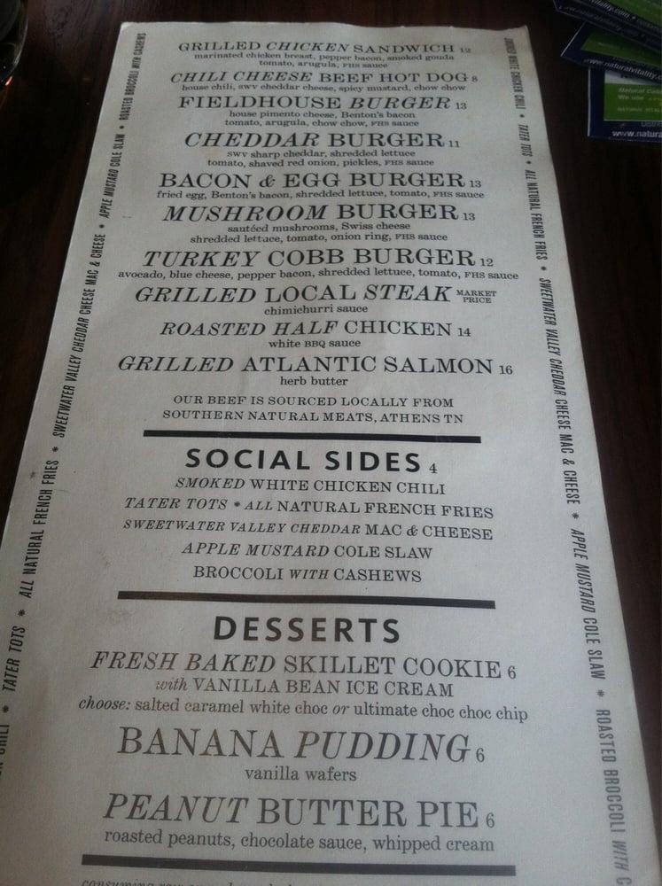 Menu at Fieldhouse Social pub & bar, Knoxville