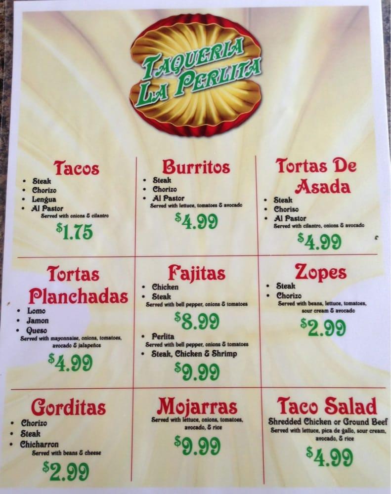 Carta del restaurante Taqueria La Perlita, Decatur