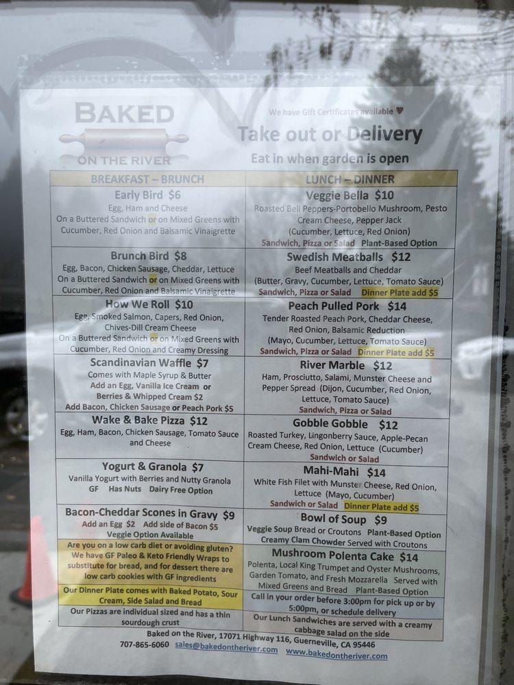 Menu at Baked on the River restaurant, Guerneville