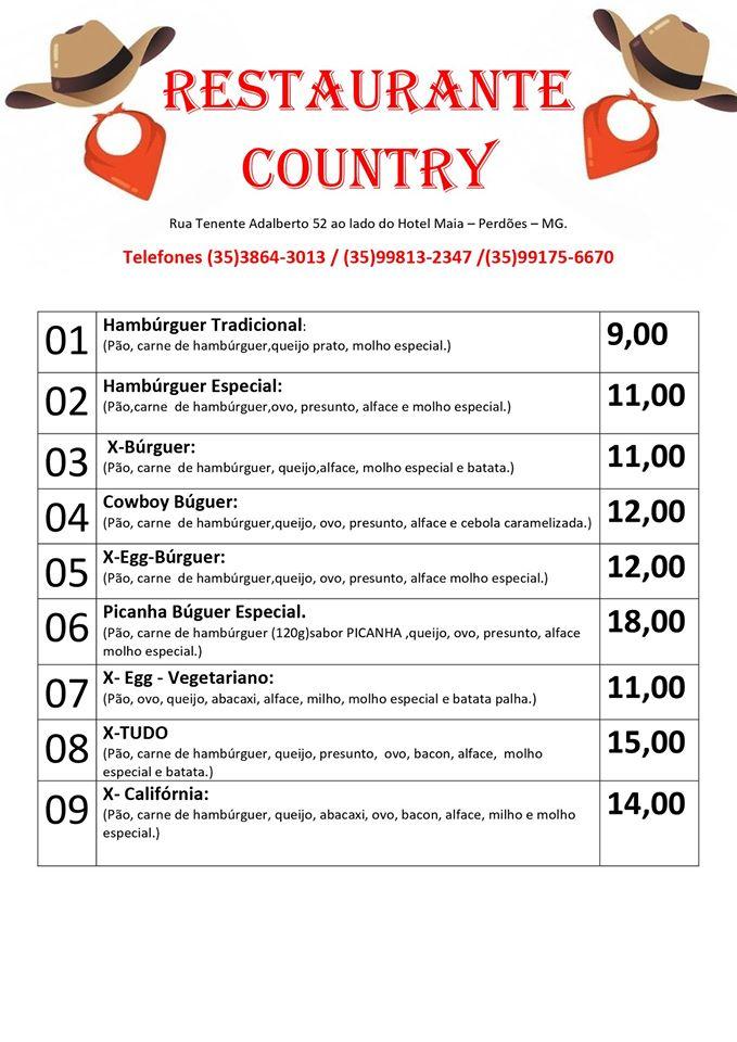 Country Bar e Restaurante cardápio