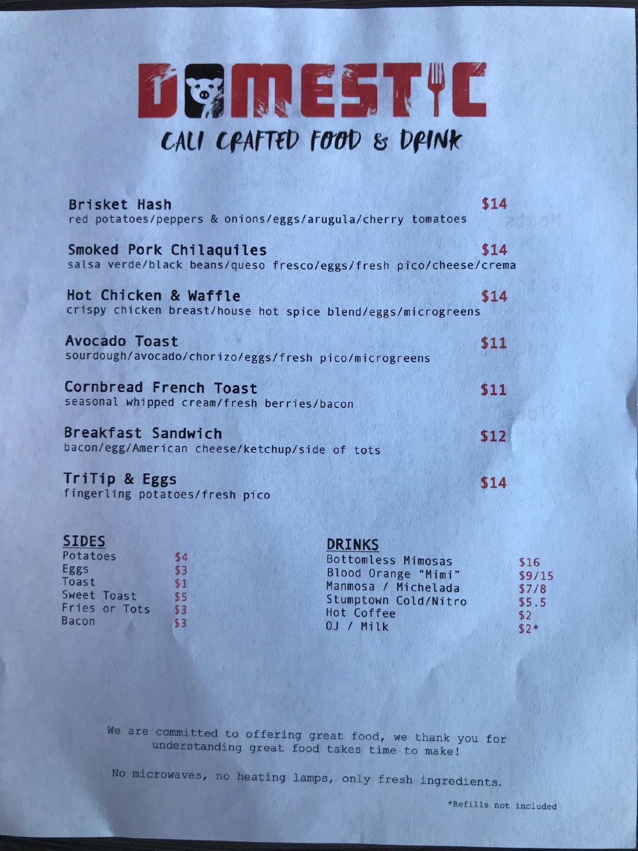 Menu at Domestic pub & bar, La Puente