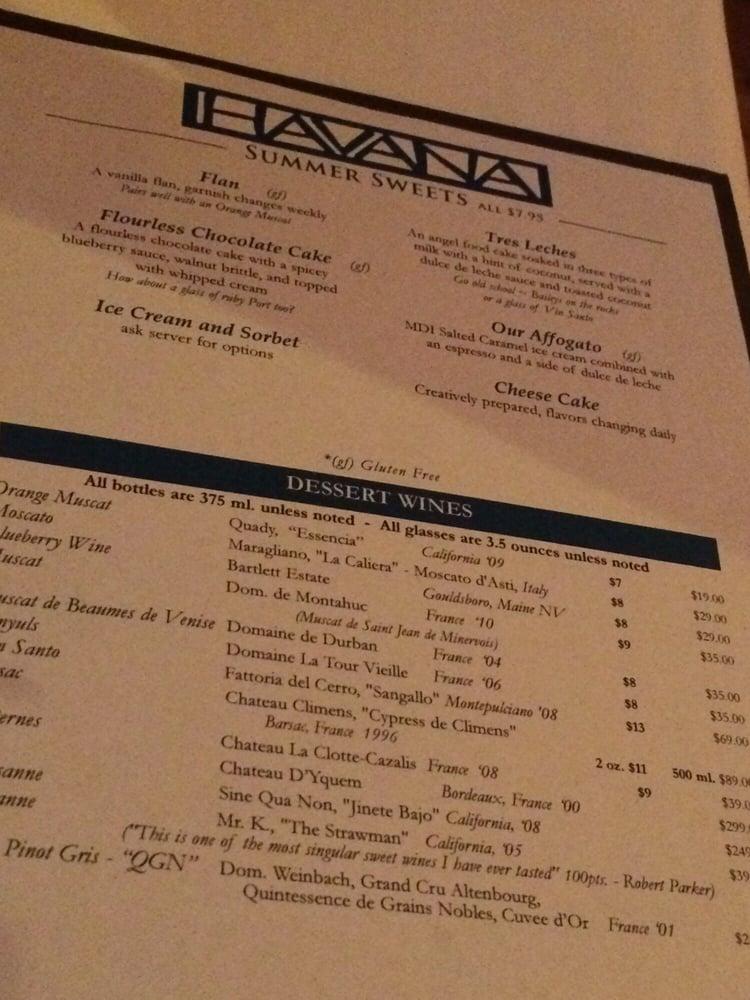 Menu at Havana restaurant, Bar Harbor