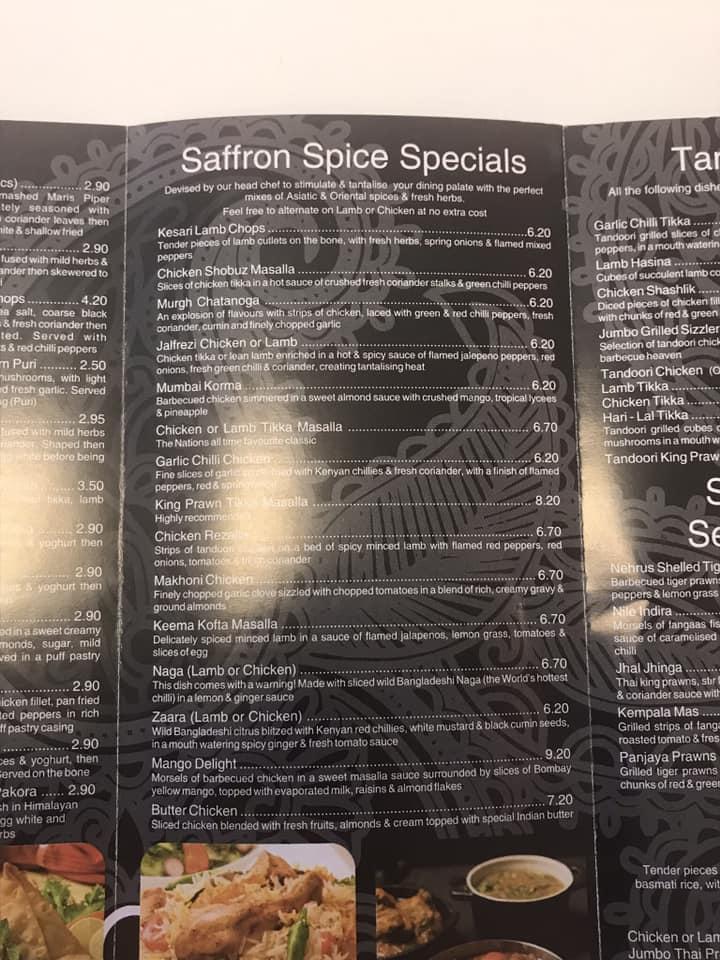 Menu at Saffron Spice, Sheffield, 1 Wortley Rd