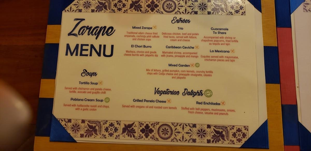 Carta del restaurante Zarape, Playa del Carmen, Av. Constituyentes 111