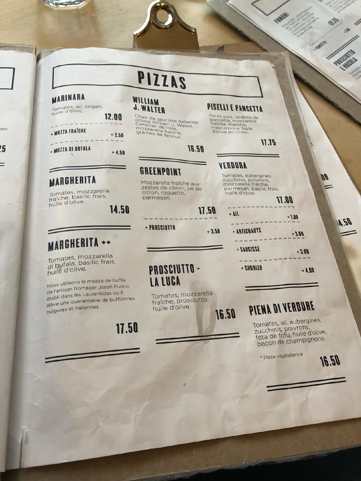 Menu au Nina Pizza Napolitaine pizzeria, Québec