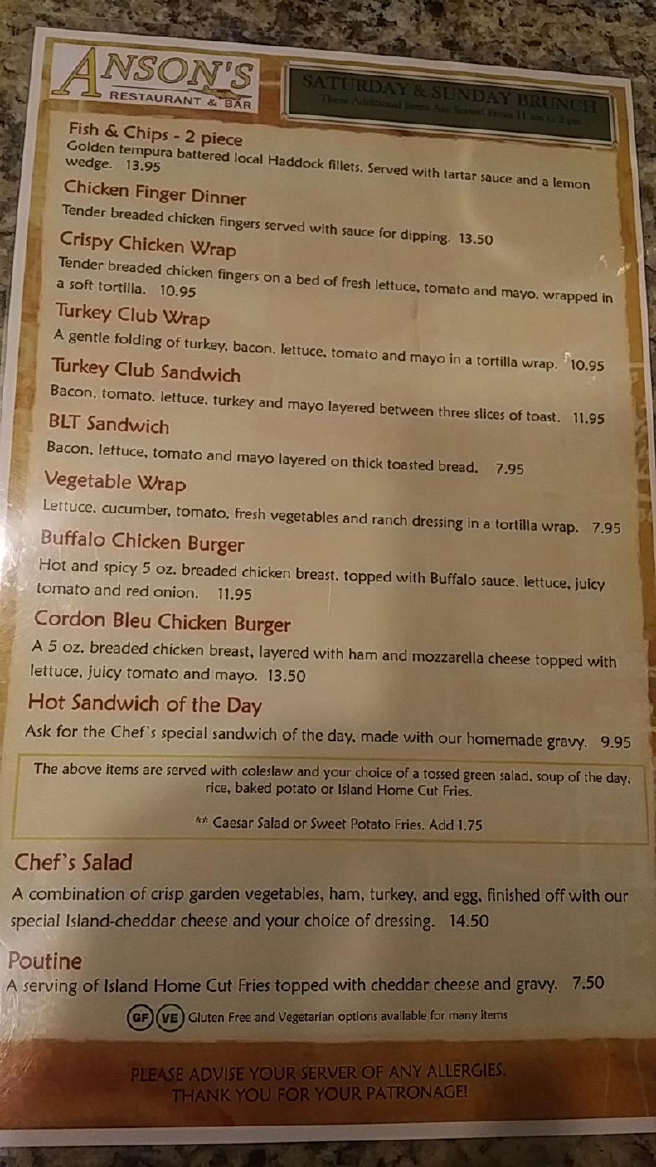 Menu at Anson's Restaurant & Pub, Summerside