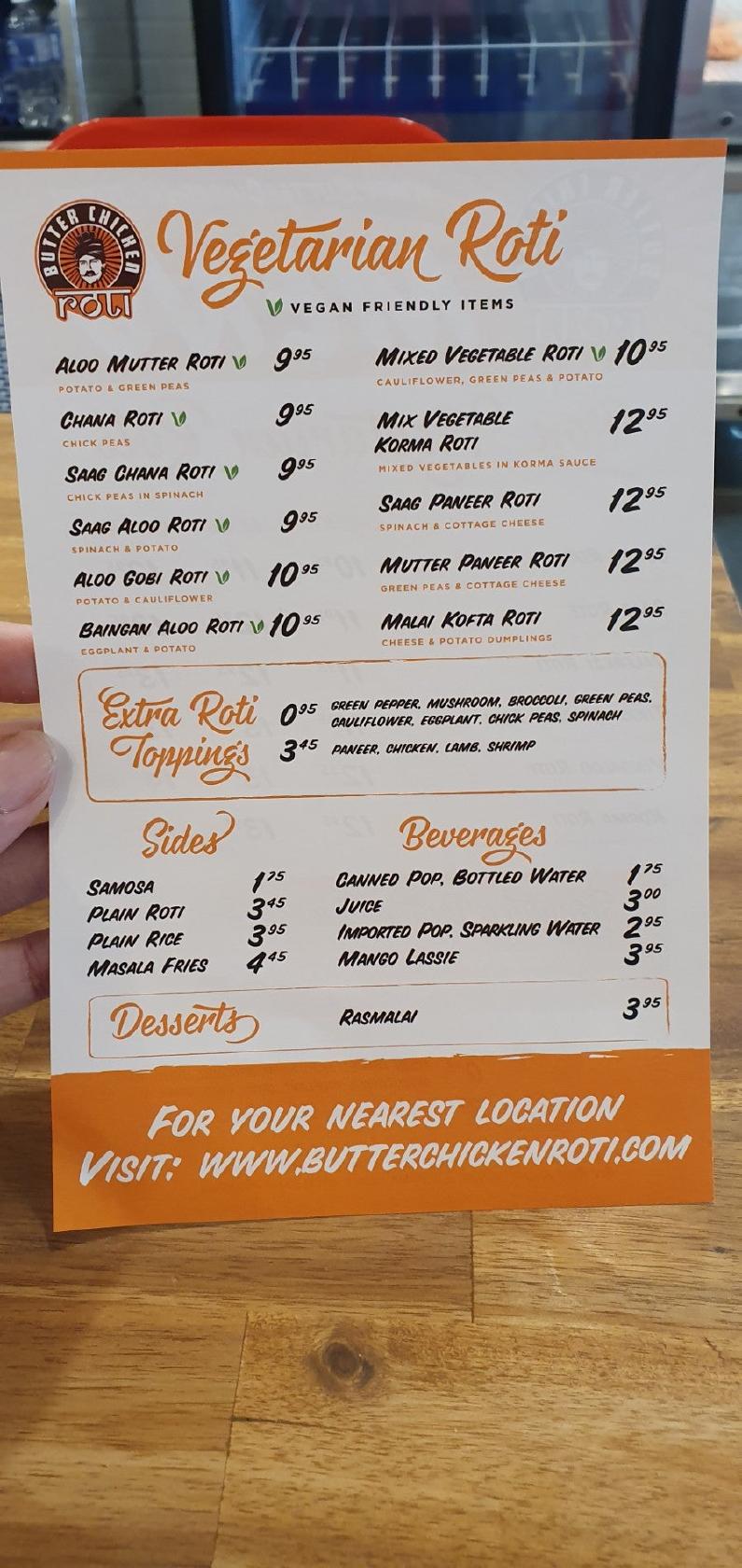 Menu at Butter Chicken Roti - Yonge restaurant, Toronto, 646 Yonge St