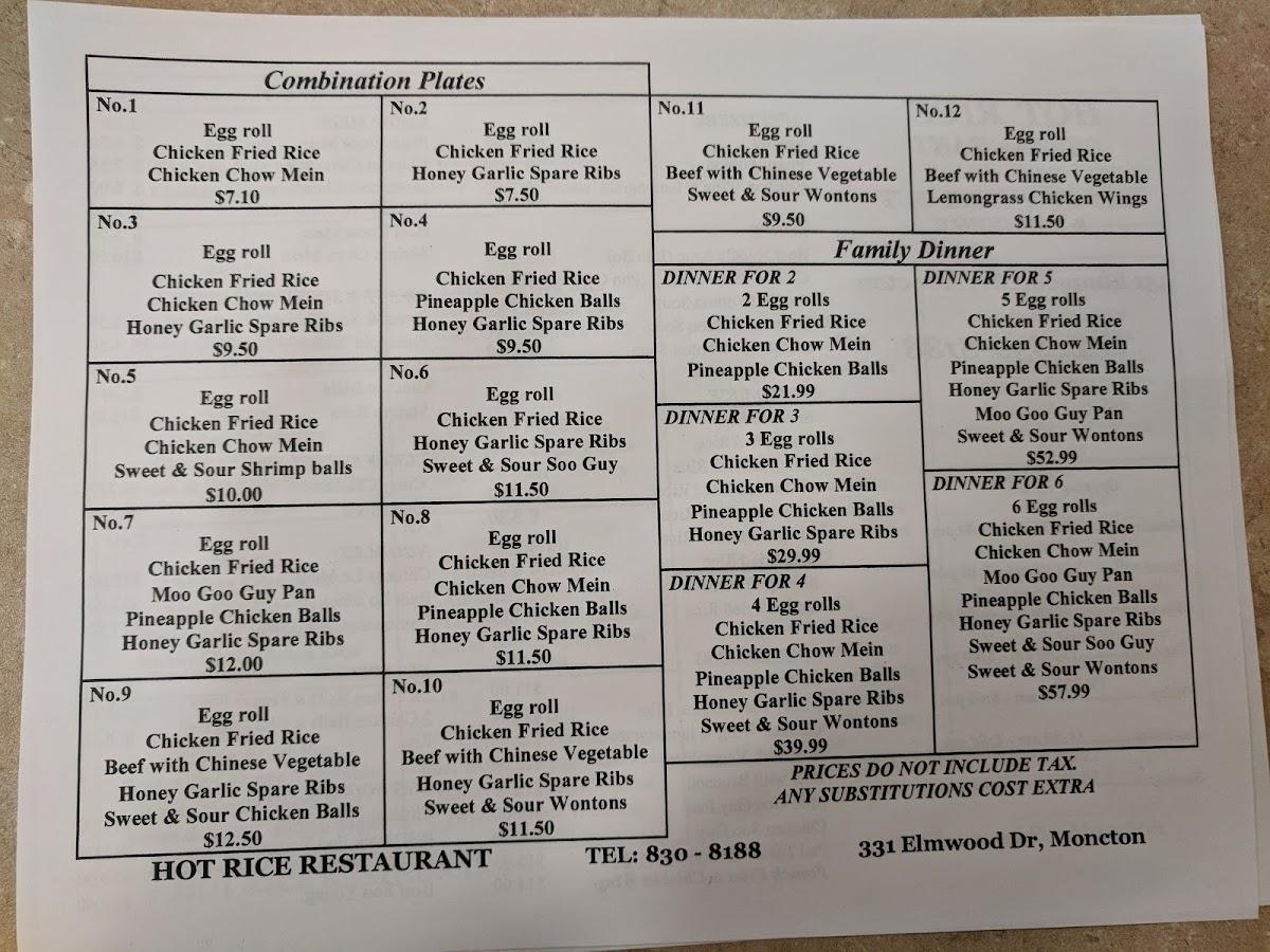Menu at Hot Rice Restaurant, Moncton