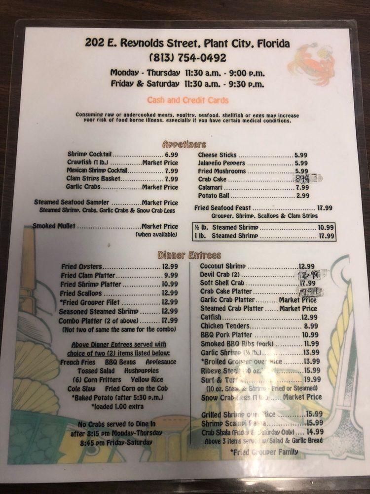 Menu at Linda's Crab Shack restaurant, Plant City